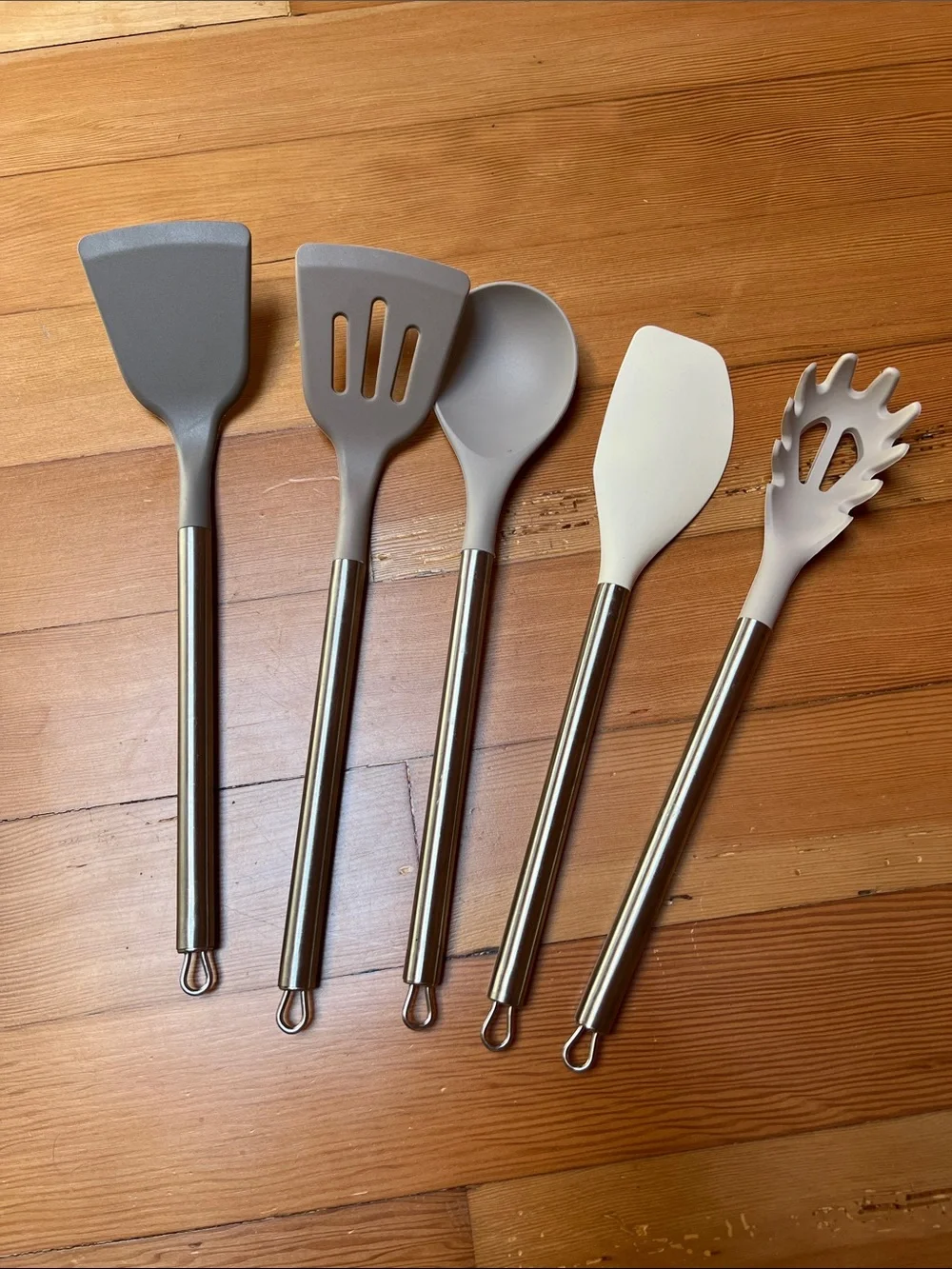 5-Piece Silicone Kitchen Utensil Set Stainless Steel Handles Gray Cooking Tools